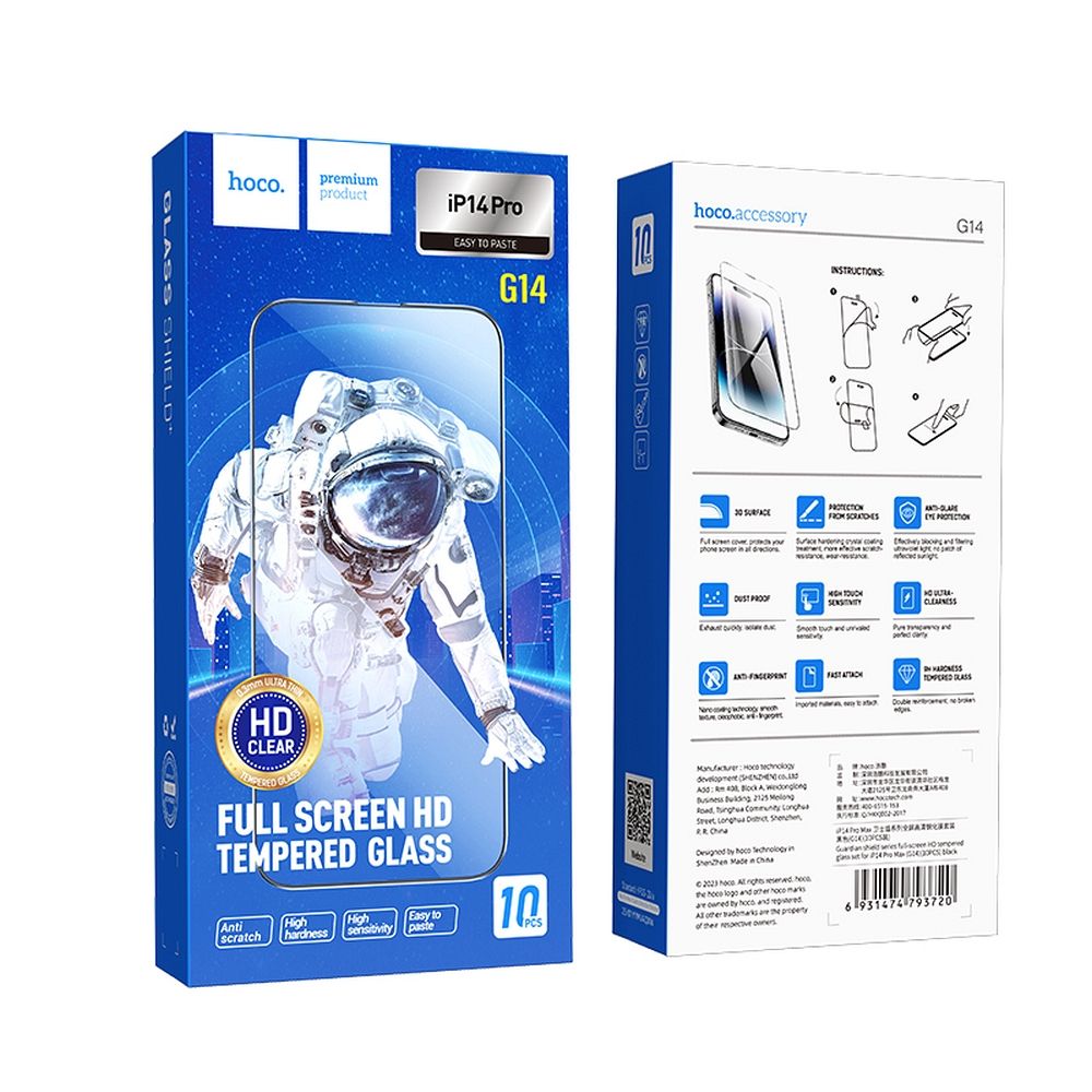 Folia ochronna HOCO na ekran dla Apple iPhone 14 Pro, Szkło Hartowane, Pełne Klejenie, Zestaw 10 sztuk, Czarna