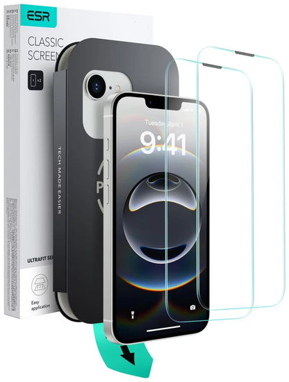 Folia ochronna ESR Ultrafit na ekran dla Apple iPhone 17e / 16e / 14 / 13 Pro, Szkło hartowane, Pełne klejenie, Zestaw 2 sztuki