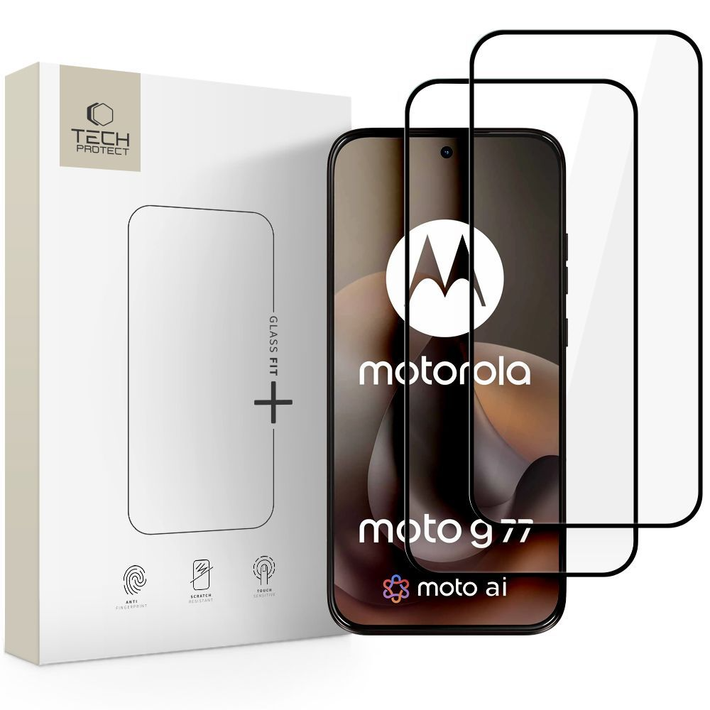 Folia ochronna na ekran Tech-Protect FIT+ do Motorola Moto G77 / G67, szkło hartowane, pełna klej, zestaw 2 sztuki, 2.5D, czarna