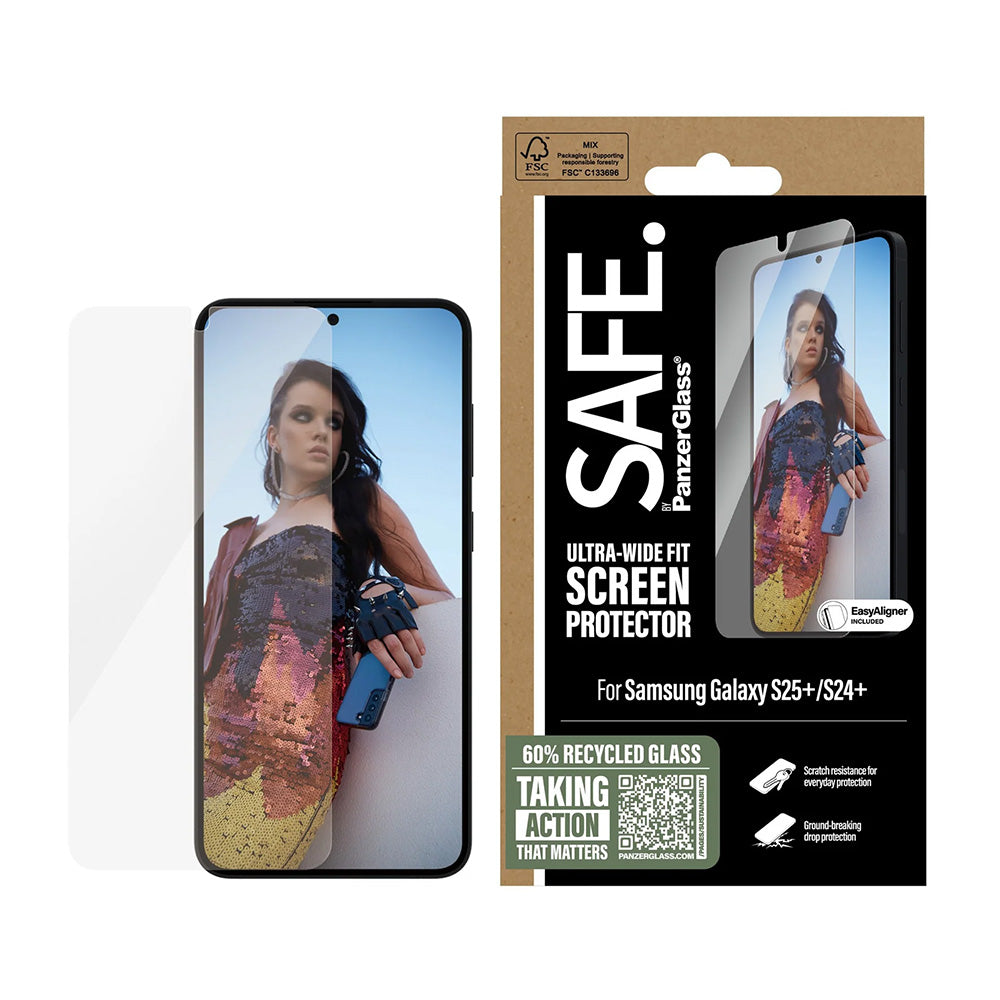 Folia ochronna na ekran PanzerGlass Safe. Ultra-Wide Fit EasyAligner do Samsung Galaxy S25+ S936, szkło hartowane, pełna warstwa kleju, ponownie zapakowane