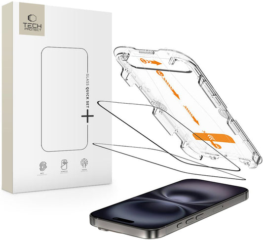 Folia ochronna na ekran Tech-Protect Quick Set+ dla Apple iPhone 16 / 15, Szkło Hartowane, Pełne Klejenie, Zestaw 2 sztuki, Czarna