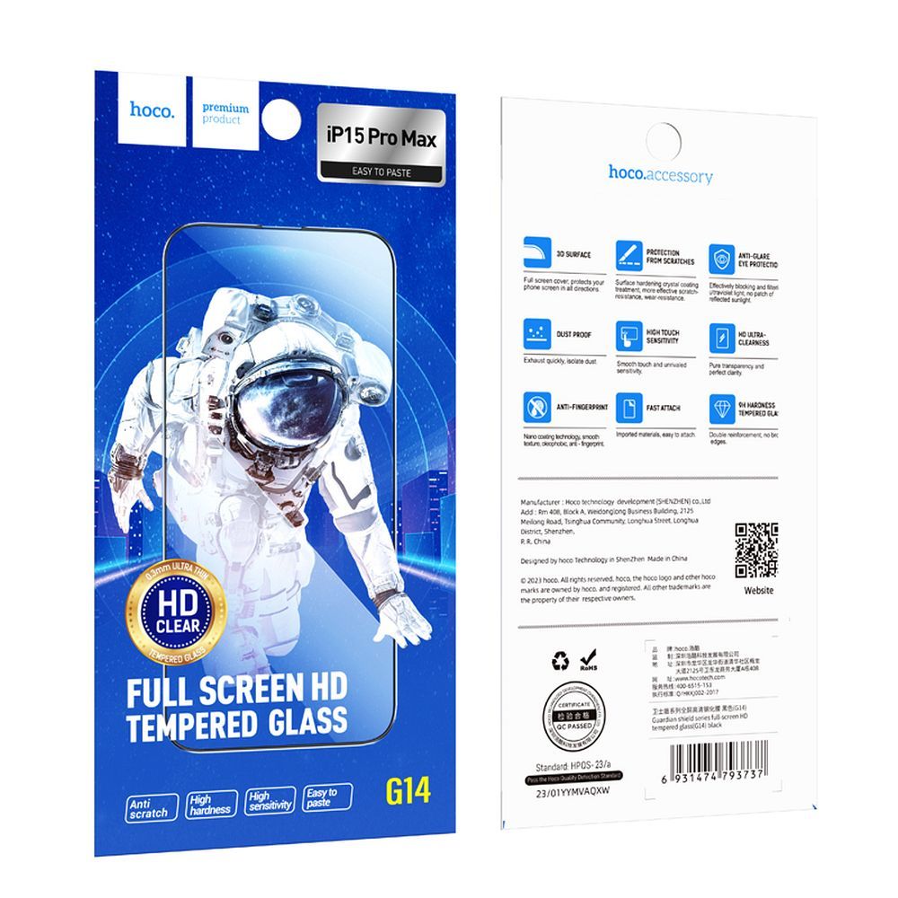 Folia ochronna do ekranu HOCO G14 dla Apple iPhone 15 Pro Max, Szkło Hartowane, Pełne Klejenie, Zestaw 10 sztuk, 5D, Czarna