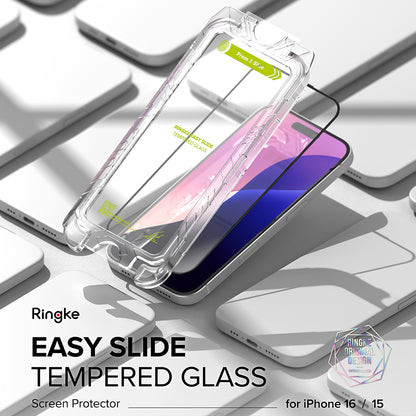 Ringke Easy Slide Screen Protector do Apple iPhone 16/15, szkło ochronne, pełne klejenie, zestaw 2 sztuk, czarny