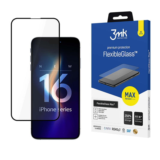 Folia ochronna na ekran 3MK FlexibleGlass Max do Apple iPhone 16 Pro, elastyczne szkło, pełna warstwa kleju, czarna