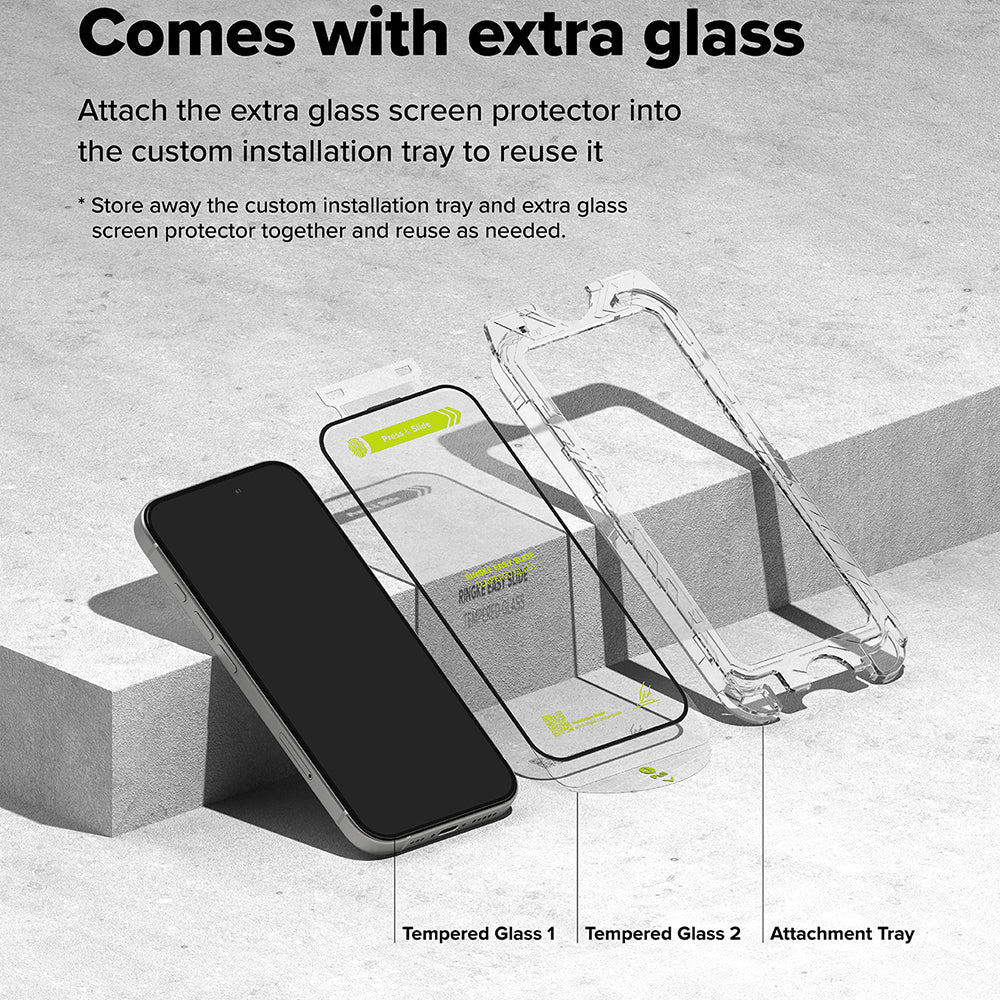 Ringke Easy Slide Screen Protector do Apple iPhone 16 Plus / 15 Plus, szkło ochronne, pełny klej, zestaw 2 sztuk, czarny