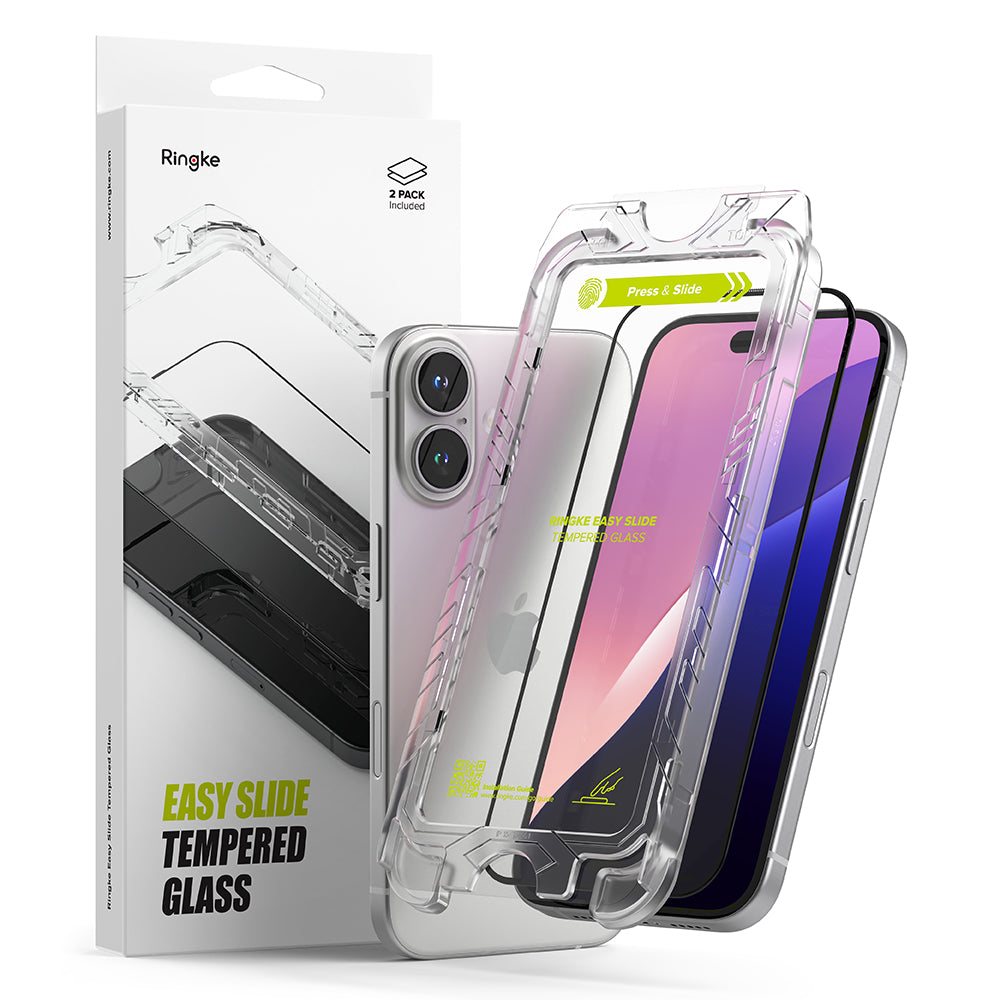 Ringke Easy Slide Screen Protector do Apple iPhone 16 Plus / 15 Plus, szkło ochronne, pełny klej, zestaw 2 sztuk, czarny