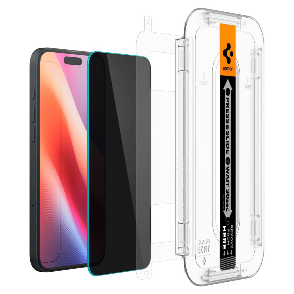 Folia ochronna do ekranu Privacy Spigen GlastR EZ FIT dla Apple iPhone 16 / 15, Szkło hartowane, Pełne klejenie, Zestaw 2 sztuki