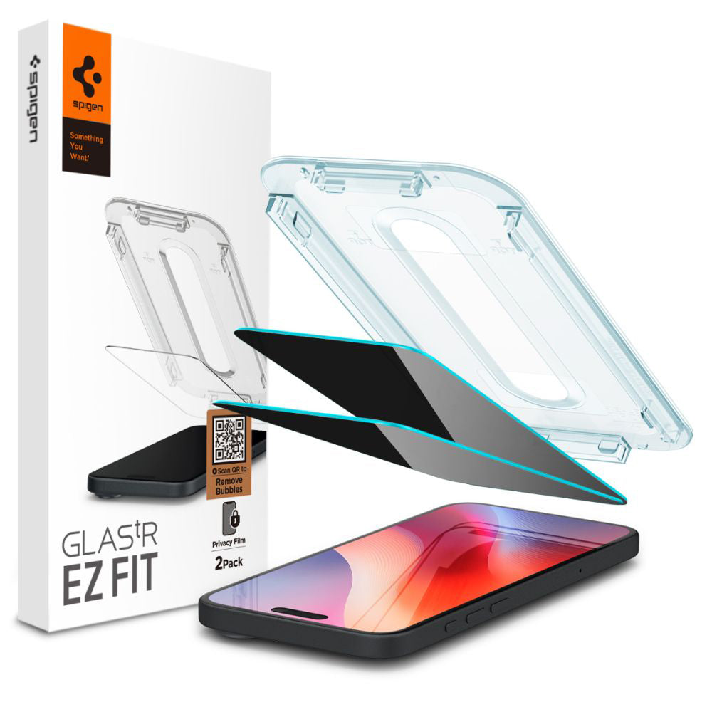 Folia ochronna do ekranu Privacy Spigen GlastR EZ FIT dla Apple iPhone 16 / 15, Szkło hartowane, Pełne klejenie, Zestaw 2 sztuki