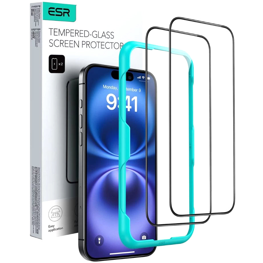 Folia ochronna ESR na ekran dla Apple iPhone 16 Pro Max, Szkło Hartowane, Pełne Klejenie, Zestaw 2 sztuki, Czarna