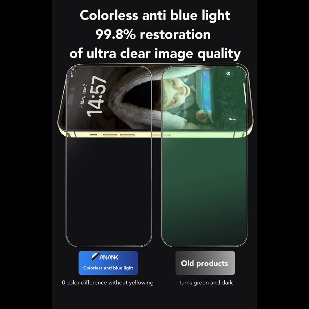 Anank 3X Reinforced Anti Blue Light Screen Protector for Apple iPhone 16 Pro, Tempered Glass, Full Glue, 2.5D, Black