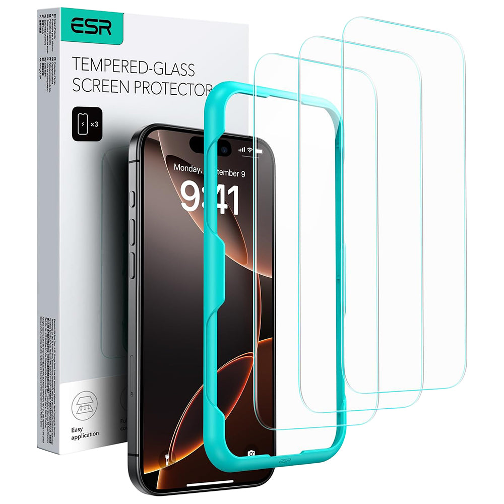 Folia ochronna ESR do ekranu Apple iPhone 17 / 16 Pro, Hartowane szkło, Pełne klejenie, Zestaw 3 sztuki