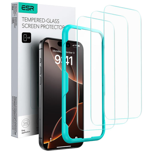 Folia ochronna ESR do ekranu Apple iPhone 17 / 16 Pro, Hartowane szkło, Pełne klejenie, Zestaw 3 sztuki