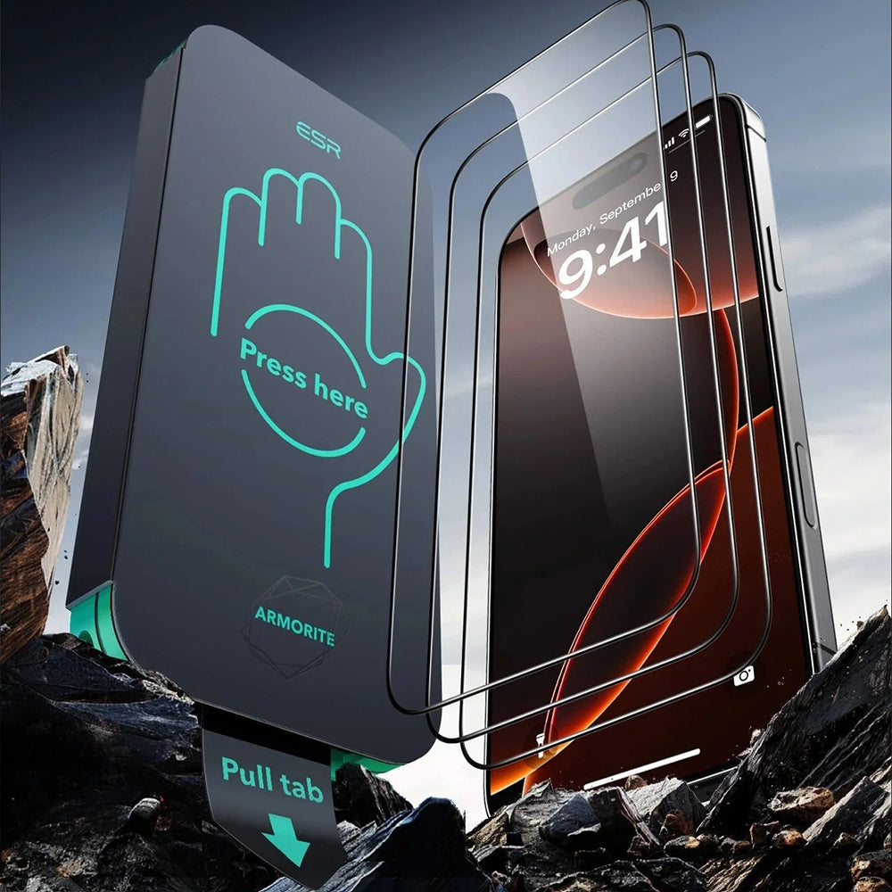 Folia ochronna ESR Armorite UltraFit na ekran dla Apple iPhone 17 Pro, Hartowane szkło, Pełne klejenie, Zestaw 3 sztuki