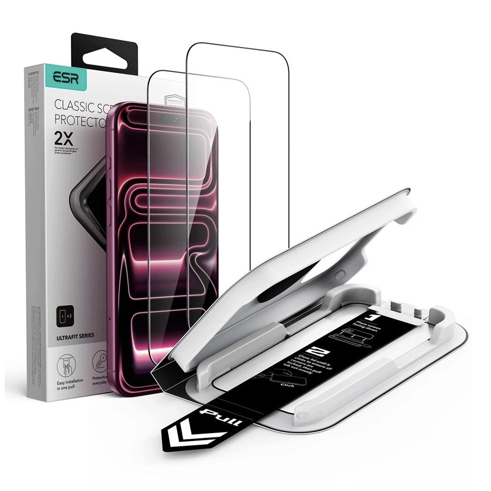 Folia ochronna na ekran ESR UltraFit Classic do Apple iPhone 18 Pro Max / 17 Pro Max, szkło hartowane, pełna klej, zestaw 2 sztuki, czarna