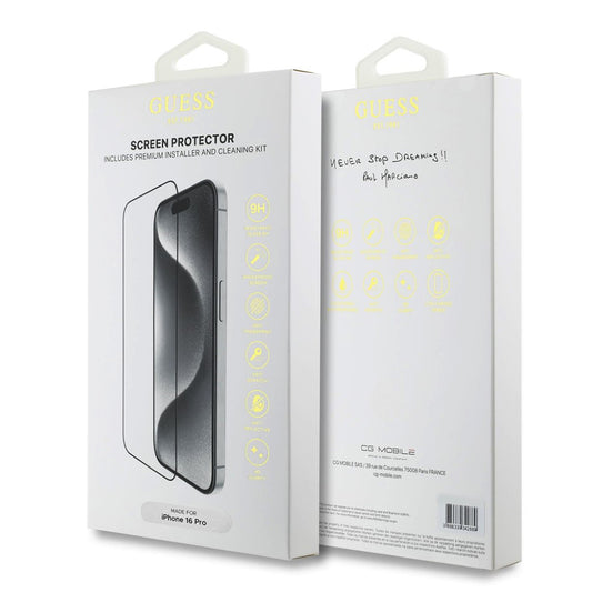 Folia ochronna do ekranu Guess Classic Outline dla Apple iPhone 16 Pro, Szkło Hartowane, Pełne Klejenie, 2.5D, Czarna GUTGP16LBOKGCIT