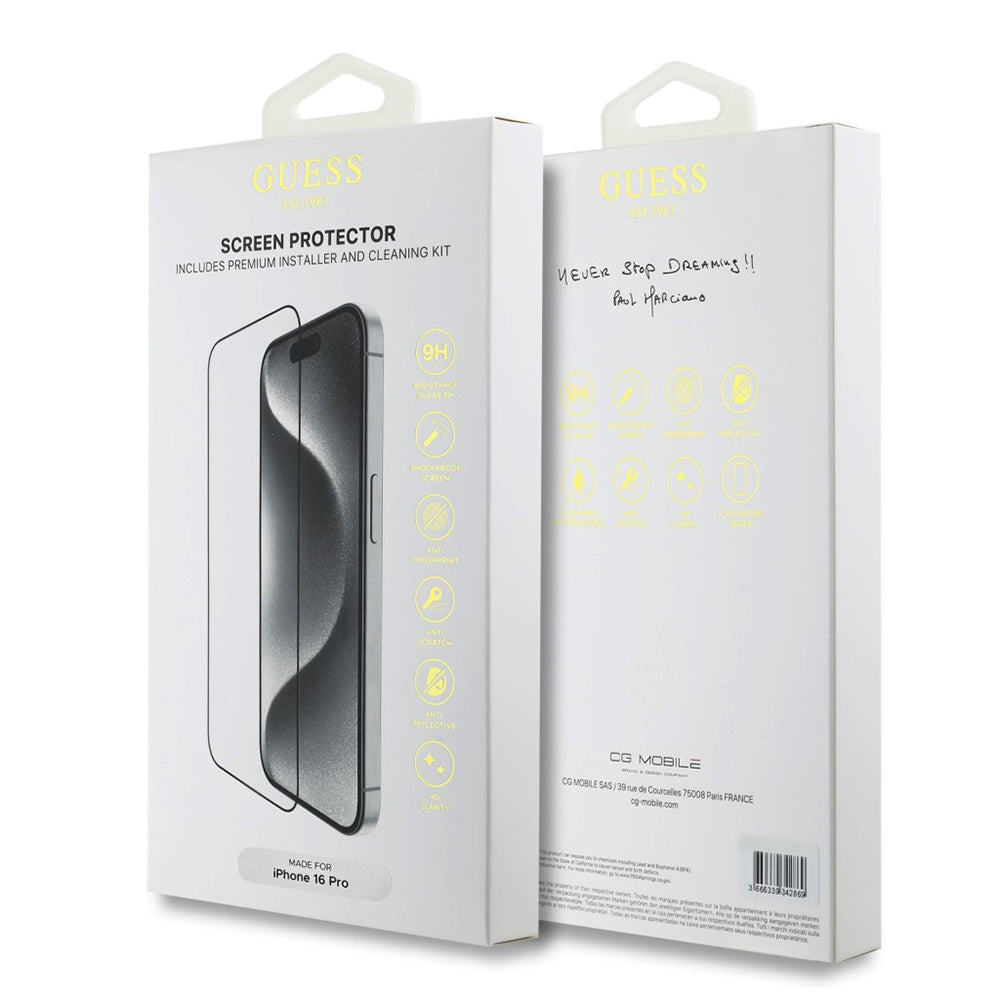 Folia ochronna na ekran Guess Classic Outline dla Apple iPhone 16, Szkło Hartowane, Full Glue, 2.5D, Czarna GUTGP16SBOKGCIT