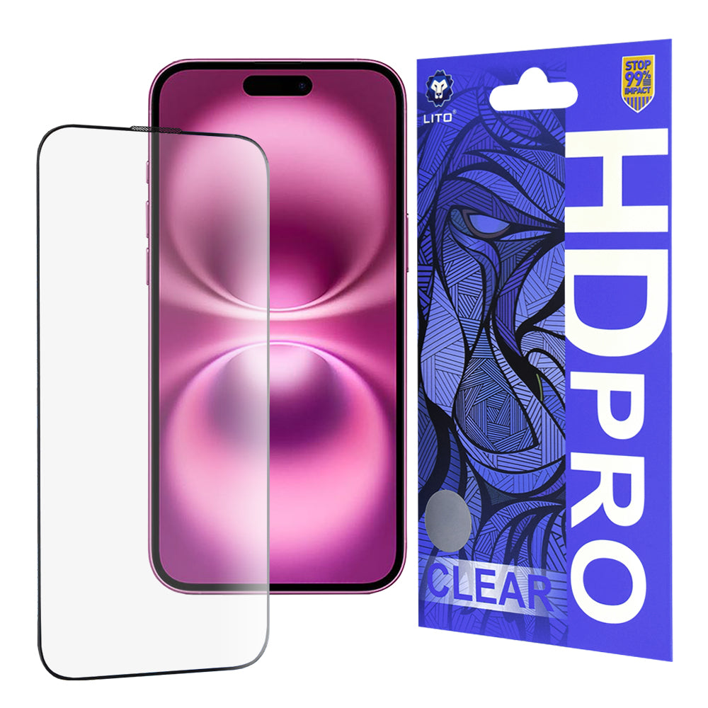 Lito HD Pro Clear Screen Protector for Apple iPhone 16 Plus, Tempered Glass, Full Glue, Black