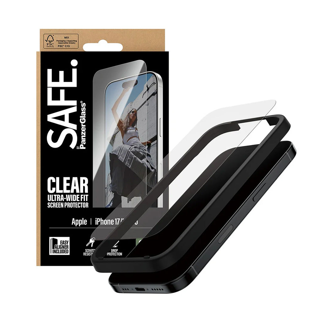 Folia ochronna na ekran PanzerGlass Safe. Ultra-Wide Fit EasyAligner dla Apple iPhone 17 / 16 Pro, Szkło Hartowane, Full Glue