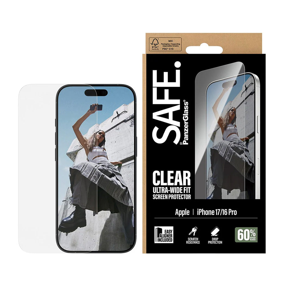 Folia ochronna na ekran PanzerGlass Safe. Ultra-Wide Fit EasyAligner dla Apple iPhone 17 / 16 Pro, Szkło Hartowane, Full Glue