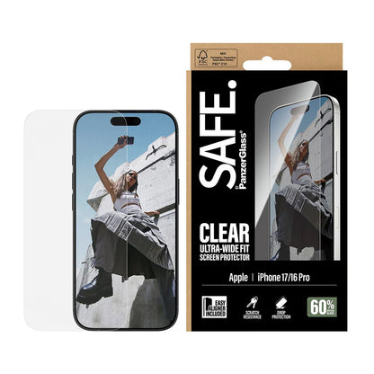 Folia ochronna na ekran PanzerGlass Safe. Ultra-Wide Fit EasyAligner dla Apple iPhone 17 / 16 Pro, Szkło Hartowane, Full Glue