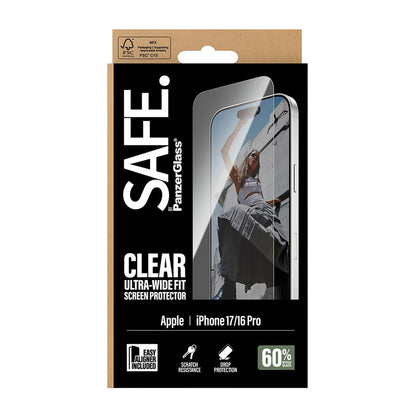 Folia ochronna na ekran PanzerGlass Safe. Ultra-Wide Fit EasyAligner dla Apple iPhone 17 / 16 Pro, Szkło Hartowane, Full Glue