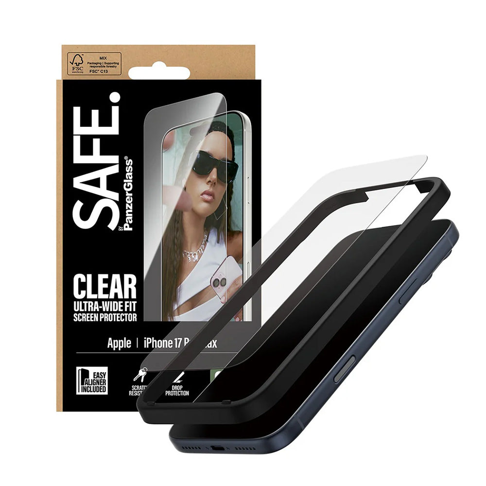 Folia ochronna na ekran PanzerGlass Safe. Ultra-Wide Fit EasyAligner dla Apple iPhone 17 Pro Max, Hartowane szkło, Full Glue.