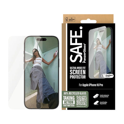 Folia ochronna na ekran PanzerGlass Safe. Ultra-Wide Fit dla Apple iPhone 16 Pro, Hartowane szkło, Full Glue.