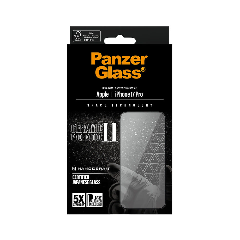 Folia ochronna do ekranu PanzerGlass Ultra-Wide Ceramic II EasyAligner dla Apple iPhone 17 Pro, Szkło Hartowane, Pełne Klejenie, Czarna