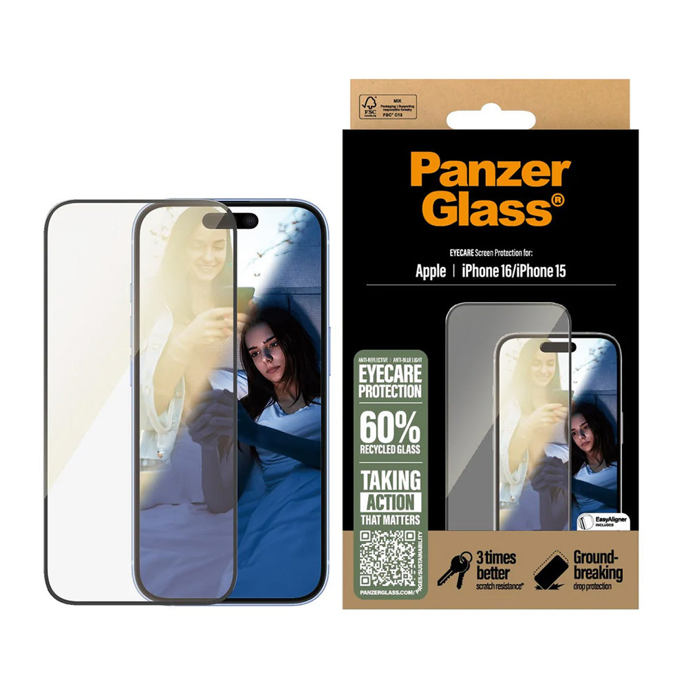 Folia ochronna do ekranu PanzerGlass Ultra-Wide Fit EyeCare dla Apple iPhone 16 / 15, Hartowane szkło, Pełne klejenie, Czarna