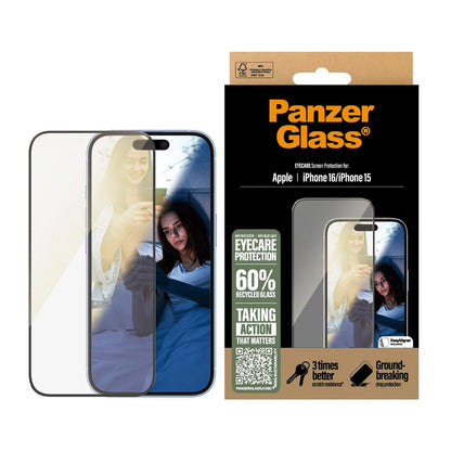 Folia ochronna do ekranu PanzerGlass Ultra-Wide Fit EyeCare dla Apple iPhone 16 / 15, Hartowane szkło, Pełne klejenie, Czarna