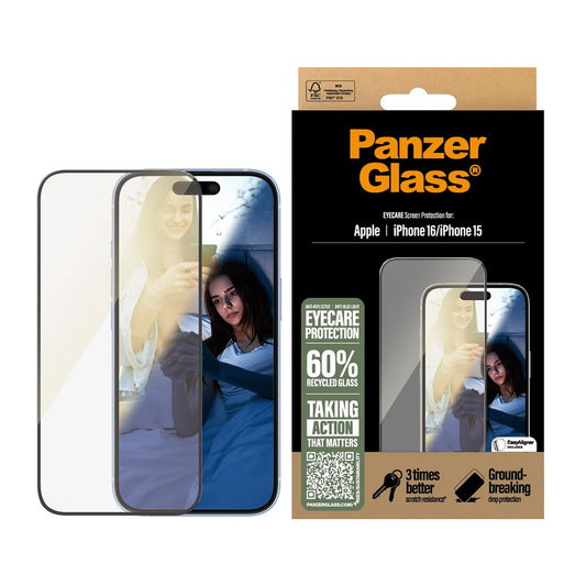 Folia ochronna do ekranu PanzerGlass Ultra-Wide Fit EyeCare dla Apple iPhone 16 / 15, Hartowane szkło, Pełne klejenie, Czarna