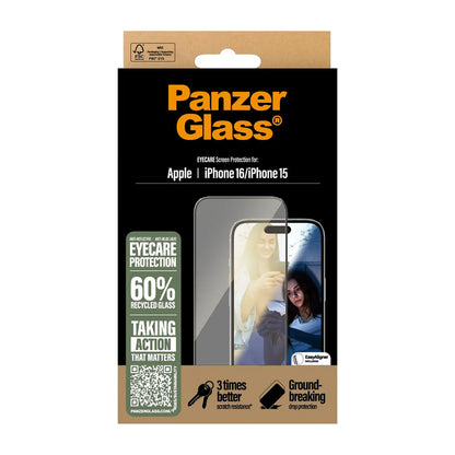 Folia ochronna do ekranu PanzerGlass Ultra-Wide Fit EyeCare dla Apple iPhone 16 / 15, Hartowane szkło, Pełne klejenie, Czarna