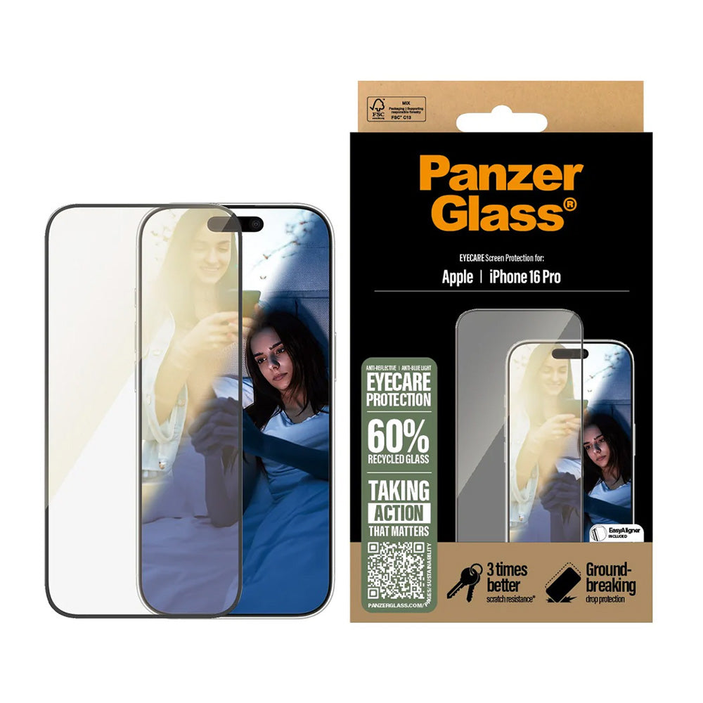 Folia ochronna do ekranu PanzerGlass Ultra-Wide Fit EyeCare dla Apple iPhone 16 Pro, Szkło Hartowane, Pełne Klejenie, Czarna