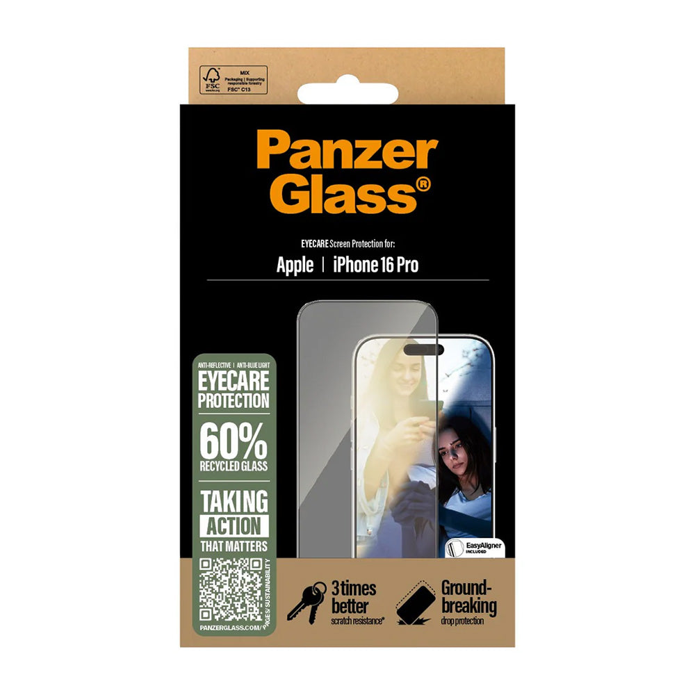 Folia ochronna do ekranu PanzerGlass Ultra-Wide Fit EyeCare dla Apple iPhone 16 Pro, Szkło Hartowane, Pełne Klejenie, Czarna