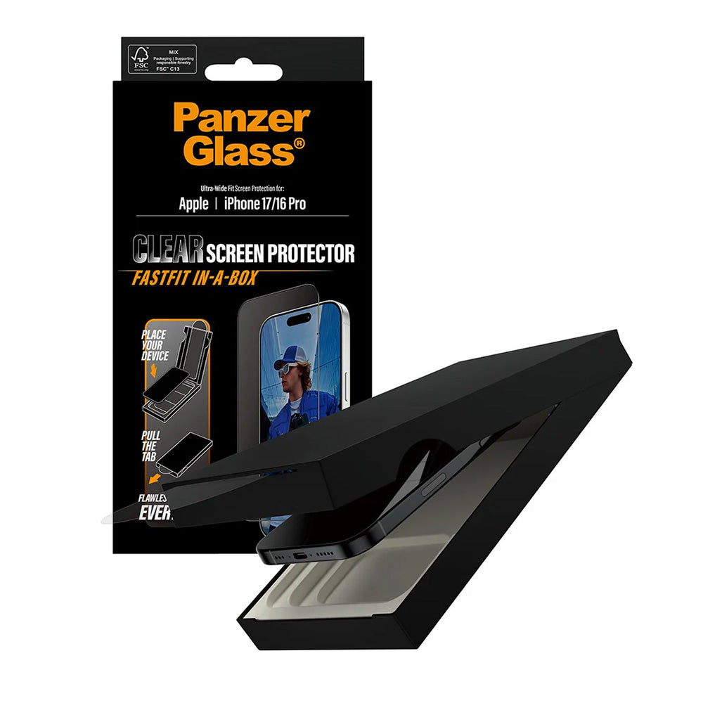 Folia ochronna na ekran PanzerGlass Ultra-Wide Fit Fastfit dla Apple iPhone 17 / 16 Pro, Hartowane szkło, Pełne klejenie, Czarna