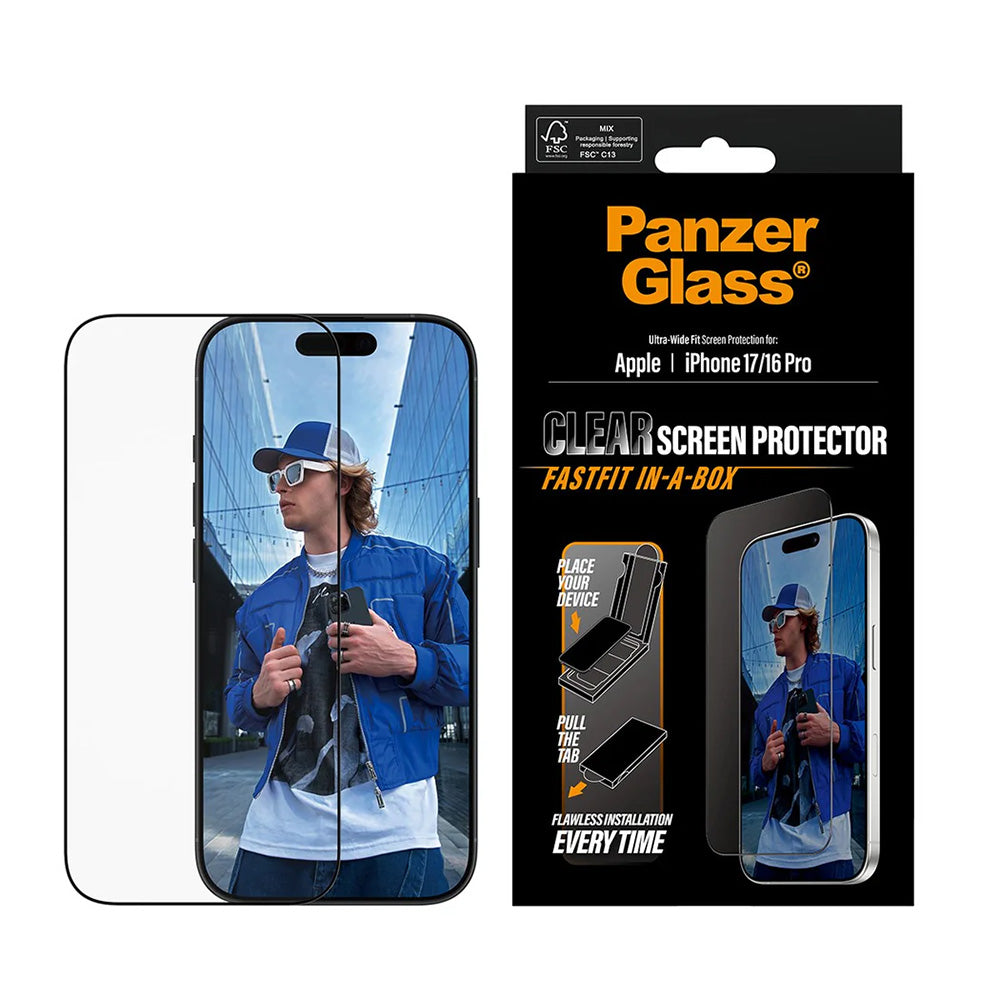 Folia ochronna na ekran PanzerGlass Ultra-Wide Fit Fastfit dla Apple iPhone 17 / 16 Pro, Hartowane szkło, Pełne klejenie, Czarna