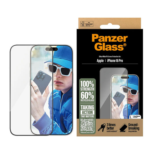 Folia ochronna do ekranu PanzerGlass Ultra-Wide Fit dla Apple iPhone 16 Pro, Hartowane szkło, Pełne klejenie, Czarna