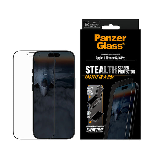 Folia ochronna do ekranu PanzerGlass Ultra-Wide Fit Stealth Fastfit dla Apple iPhone 17 / 16 Pro, Hartowane szkło, Pełne klejenie, Czarna