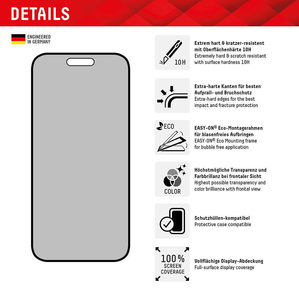 Folia ochronna na ekran Privacy Displex Real Glass dla Apple iPhone 16 Plus, szkło hartowane, pełna klejność