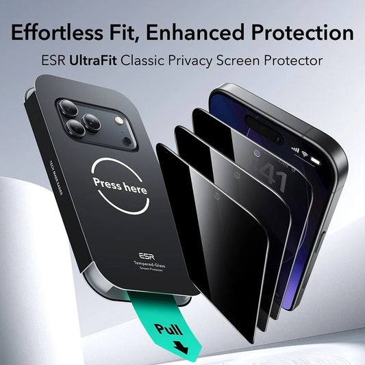Folia ochronna na ekran Privacy ESR UltraFit Classic do Apple iPhone 18 Pro, szkło hartowane, pełna klej, zestaw 3 sztuki