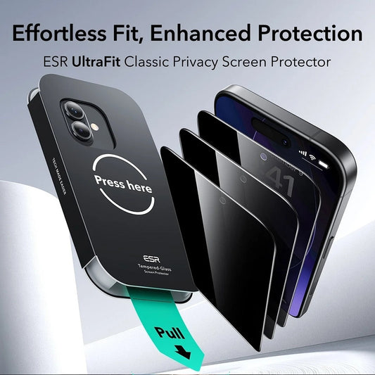 Folia ochronna Ecran Privacy ESR UltraFit dla Apple iPhone 17 / 16 Pro, Hartowane szkło, Pełne klejenie, Zestaw 3 sztuki