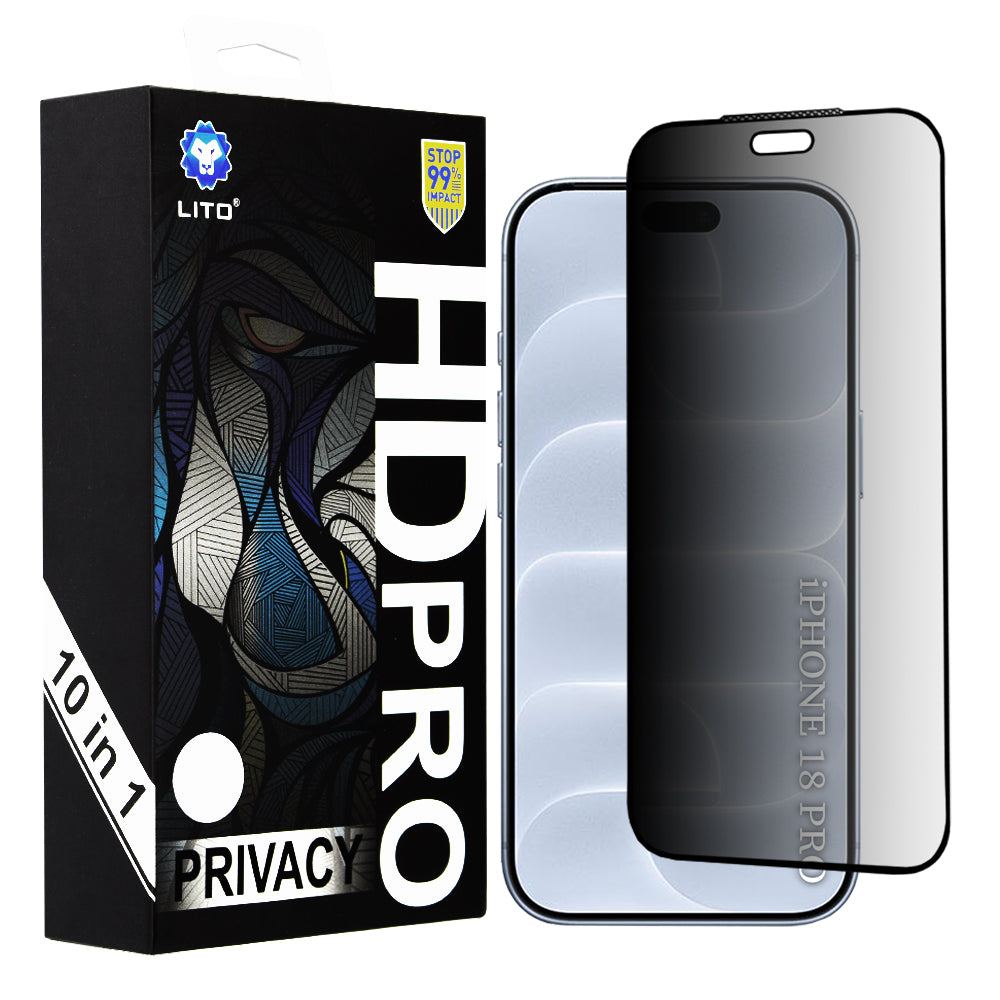 Folia ochronna na ekran Privacy Lito HD Pro do Apple iPhone 18 Pro, szkło hartowane, pełny klej, zestaw 10 sztuk