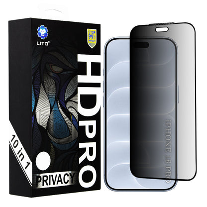Folia ochronna na ekran Privacy Lito HD Pro do Apple iPhone 18 Pro, szkło hartowane, pełny klej, zestaw 10 sztuk
