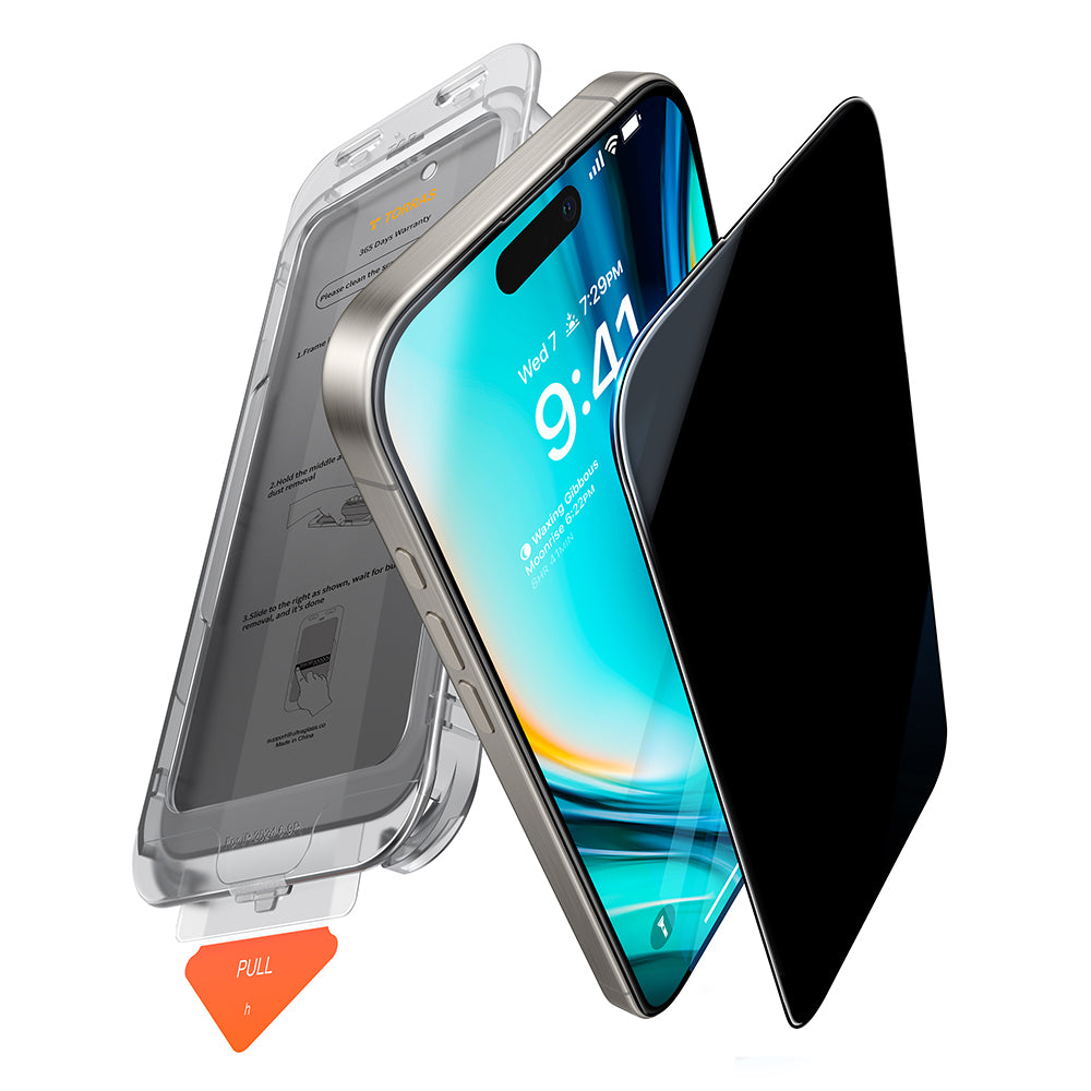 Folia ochronna na ekran Privacy Torras GlassGo Install Master dla Apple iPhone 16 Pro Max, szkło hartowane, pełna warstwa kleju