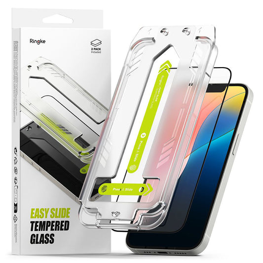 Folia ochronna na ekran Ringke Easy Slide do Apple iPhone 17e / 16e / 14 / 13 Pro, szkło hartowane, pełna klej, zestaw 2 sztuki, czarna