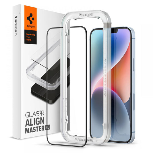 Folia ochronna na ekran Spigen GlastR Align Master dla Apple iPhone 17e / 16e / 14 / 13 Pro, Hartowane szkło, Pełne klejenie, Czarna AGL03725