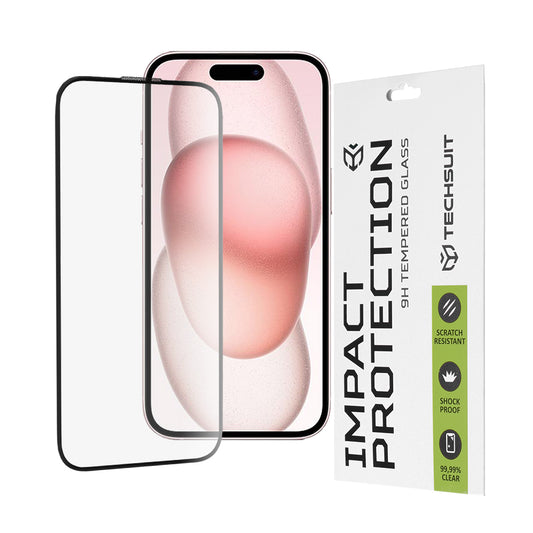 Techsuit Screen Protector Film for Apple iPhone 16 / 15, Tempered Glass, Full Glue, 111D, Black