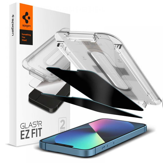 Folia ochronna na ekran Privacy Spigen GlastR EZ FIT do Apple iPhone 17e / 16e / 14 / 13 Pro, szkło hartowane, pełna klej, zestaw 2 sztuki AGL03388
