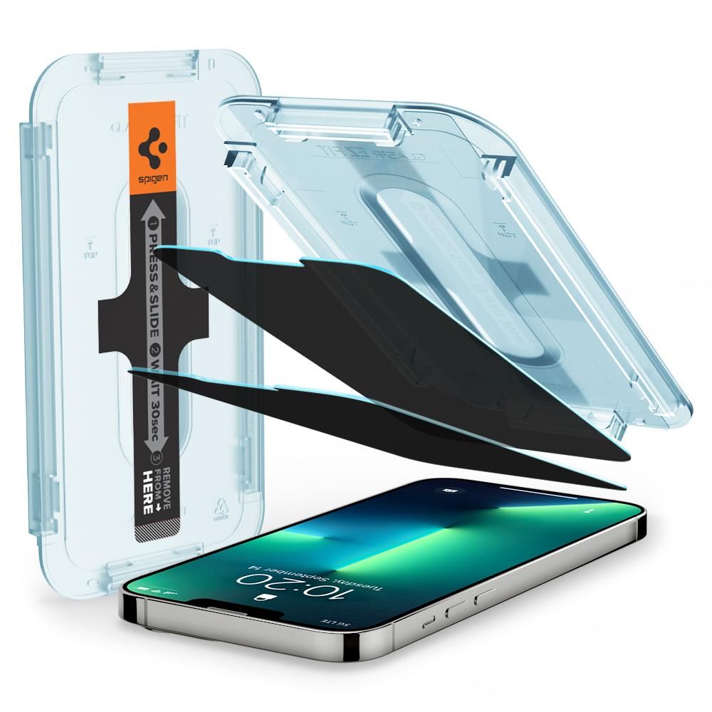 Folia ochronna na ekran Privacy Spigen GlastR EZ FIT do Apple iPhone 17e / 16e / 14 / 13 Pro, szkło hartowane, pełna klej, zestaw 2 sztuki AGL03388