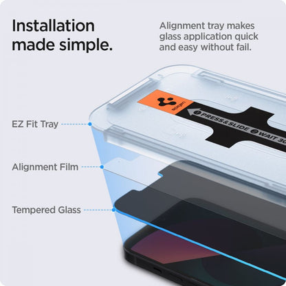 Folia ochronna na ekran Privacy Spigen GlastR EZ FIT do Apple iPhone 17e / 16e / 14 / 13 Pro, szkło hartowane, pełna klej, zestaw 2 sztuki AGL03388